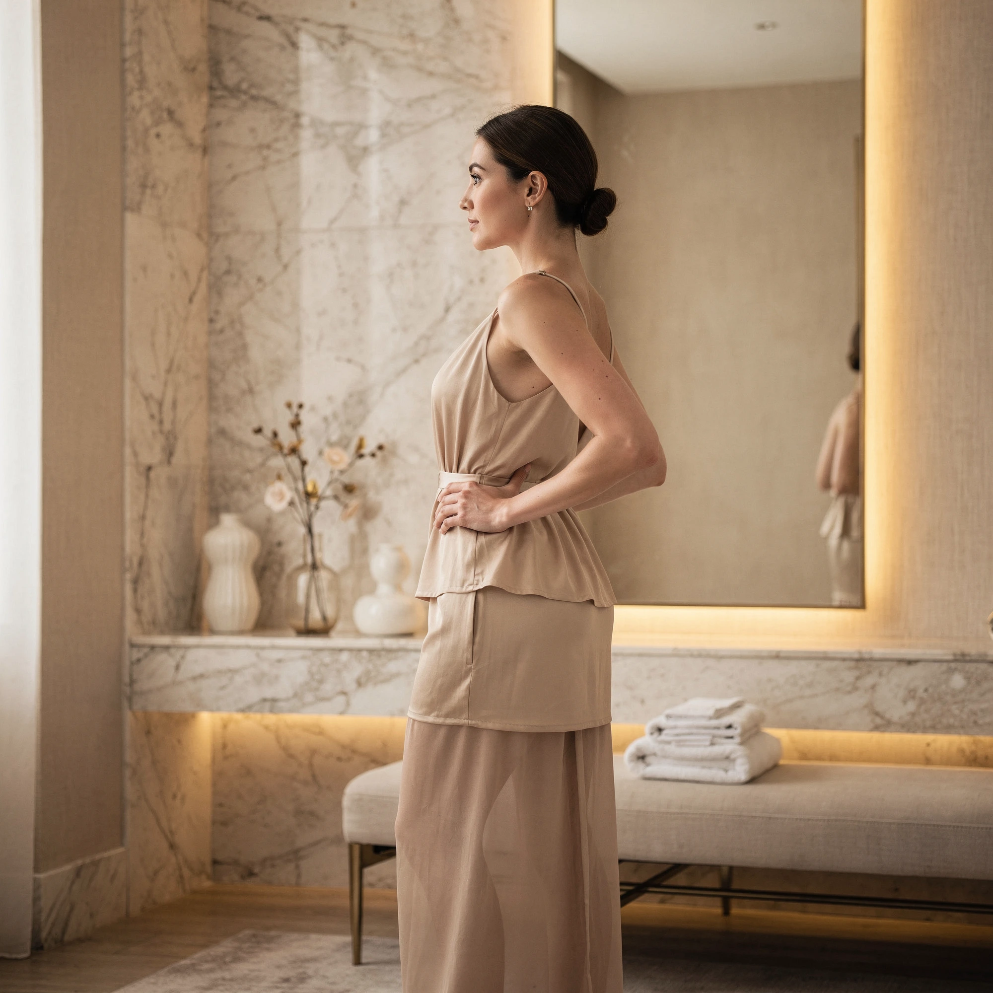 Woman in a spa setting examining her chest profile after breast implant removal